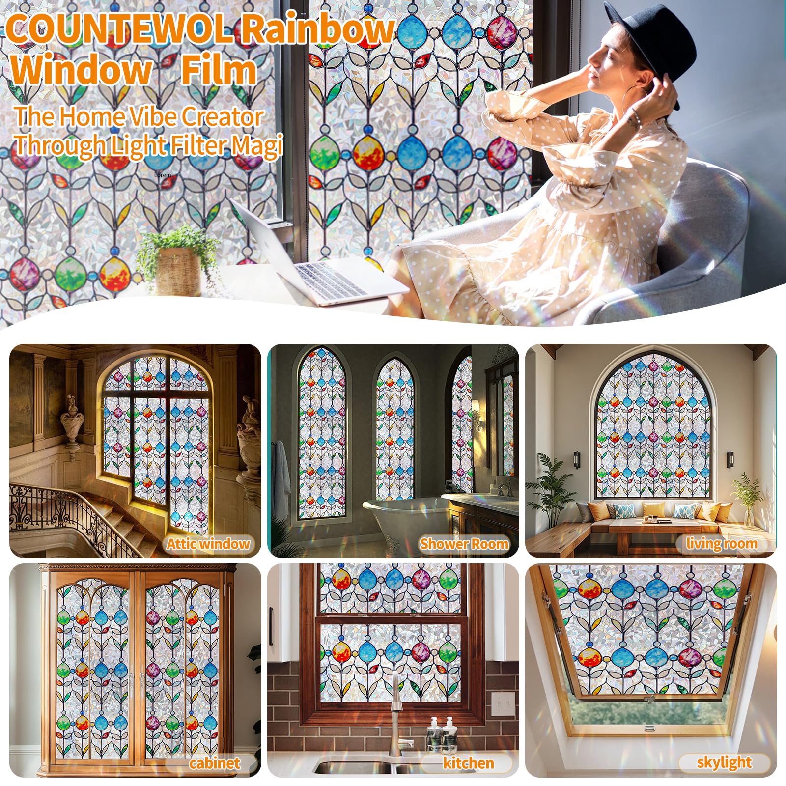 Countewol Rainbow Privacy Window Film Stained Glass Style Adhesive-Free Residue-Free Reusable Easy to Install with Tools (Rainbo